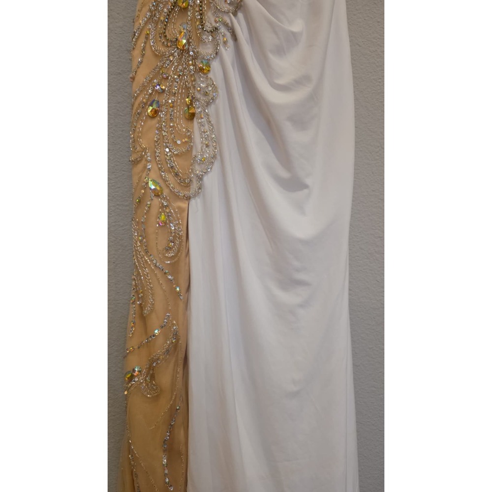 JVN by Jovani White and Gold Beaded Illusion-Back Evening Gown - Picture 5 of 16